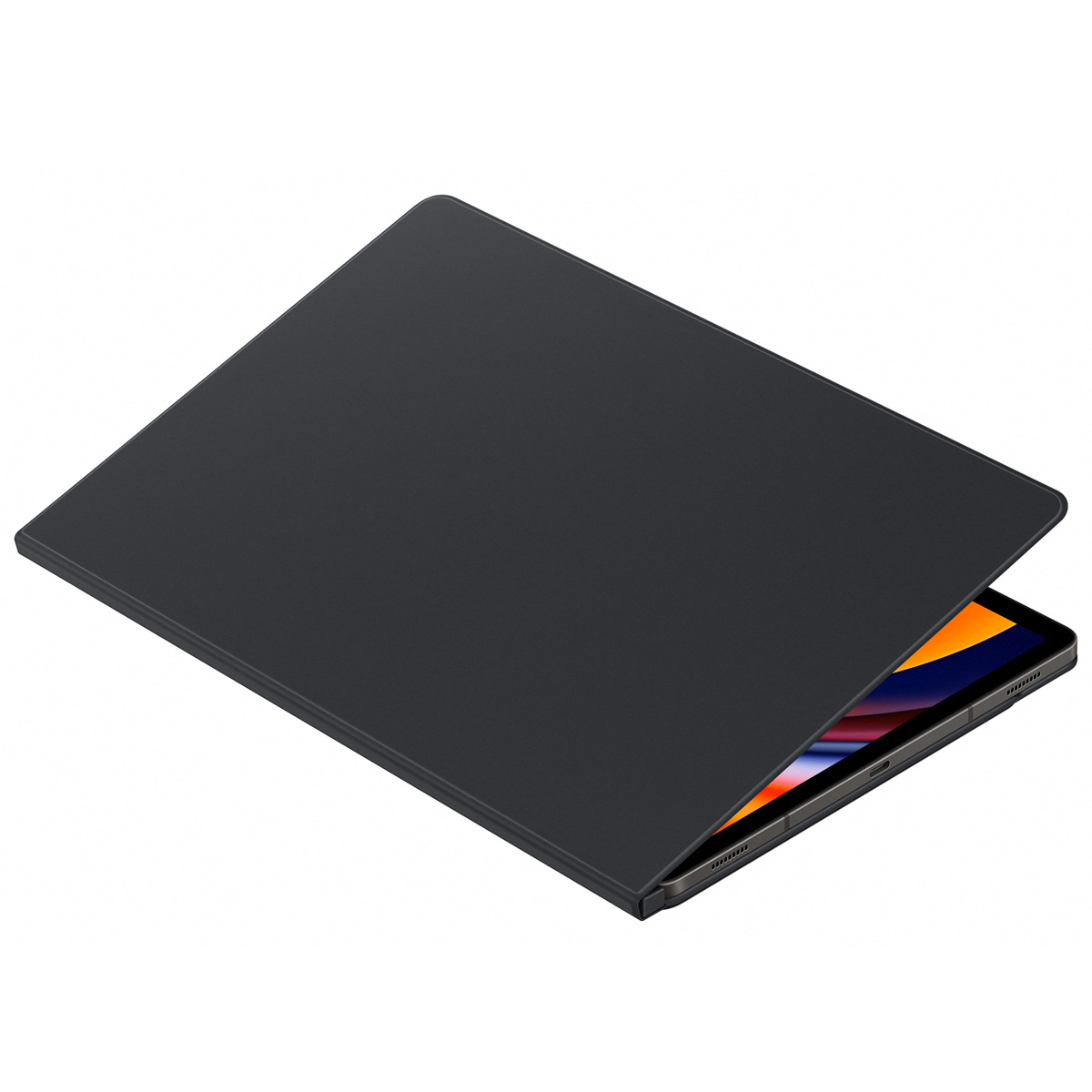 Czarny tablet z częściowo otwartym czarnym etui ochronnym, odsłaniającym ekran.
