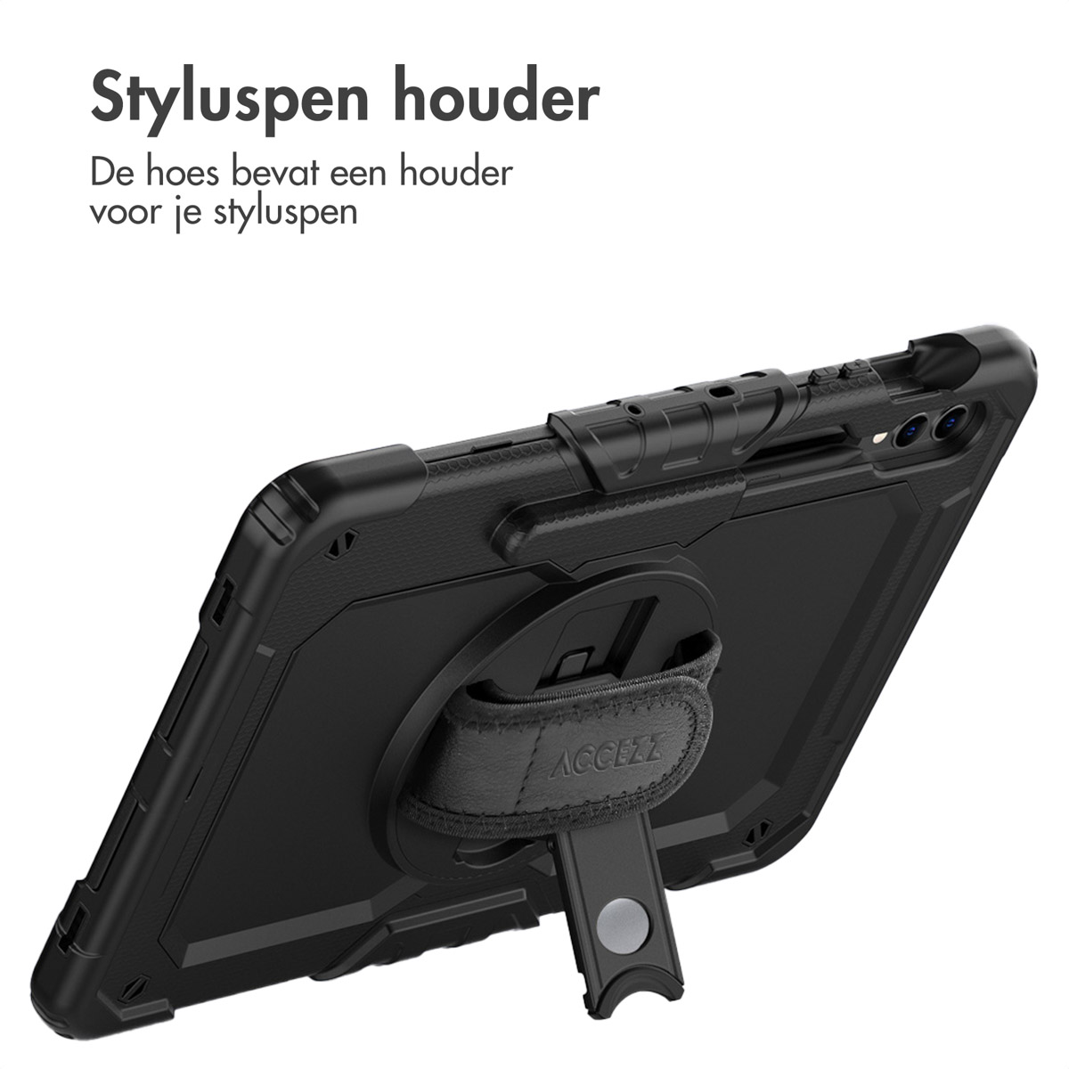 Black tablet case with a hand strap and a stylus holder. The text reads, Styluspen houder.