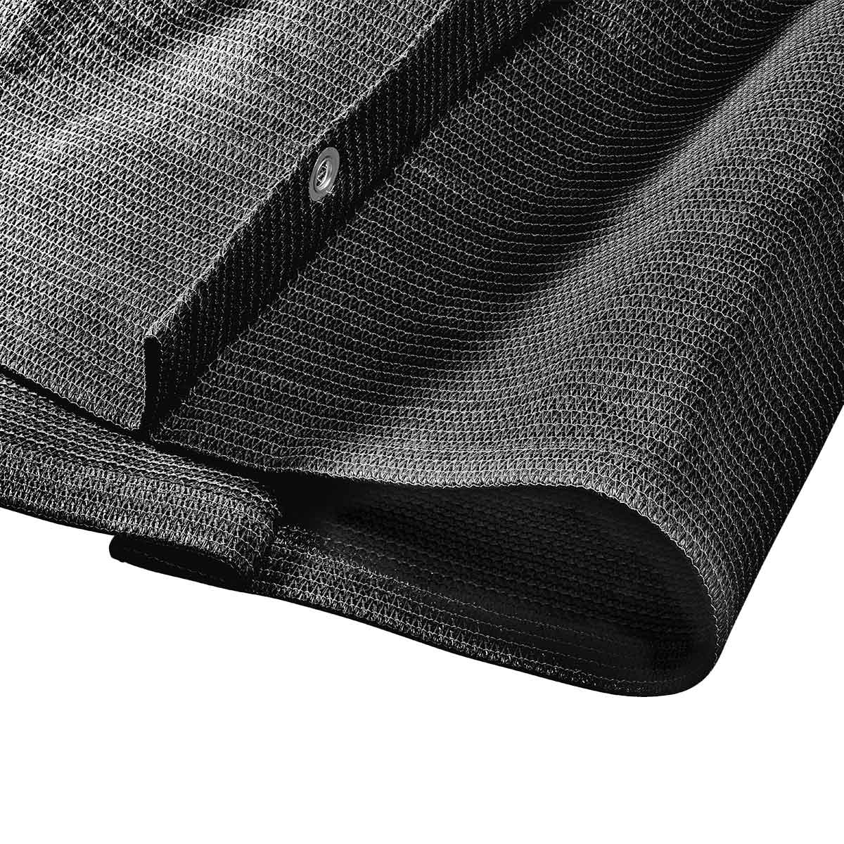 Gros plan sur tissu maillé noir avec œillet et bords pliés. Le tissu a une surface texturée.