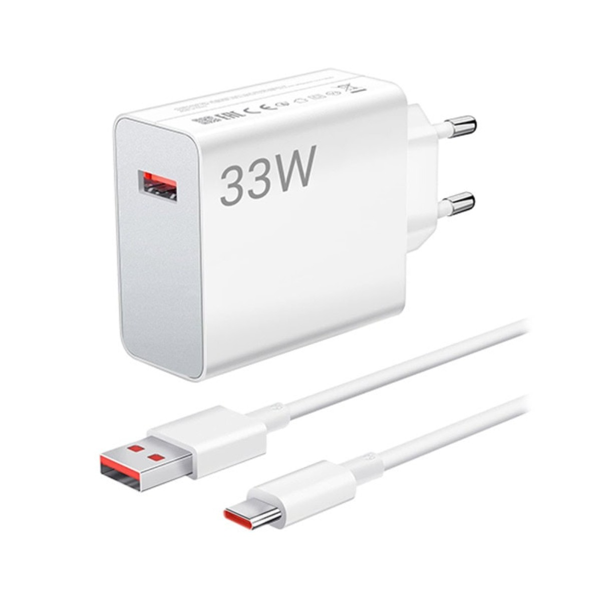 Biała ładowarka 33W z portem USB, kablem USB-C i kablem USB na białym tle.
