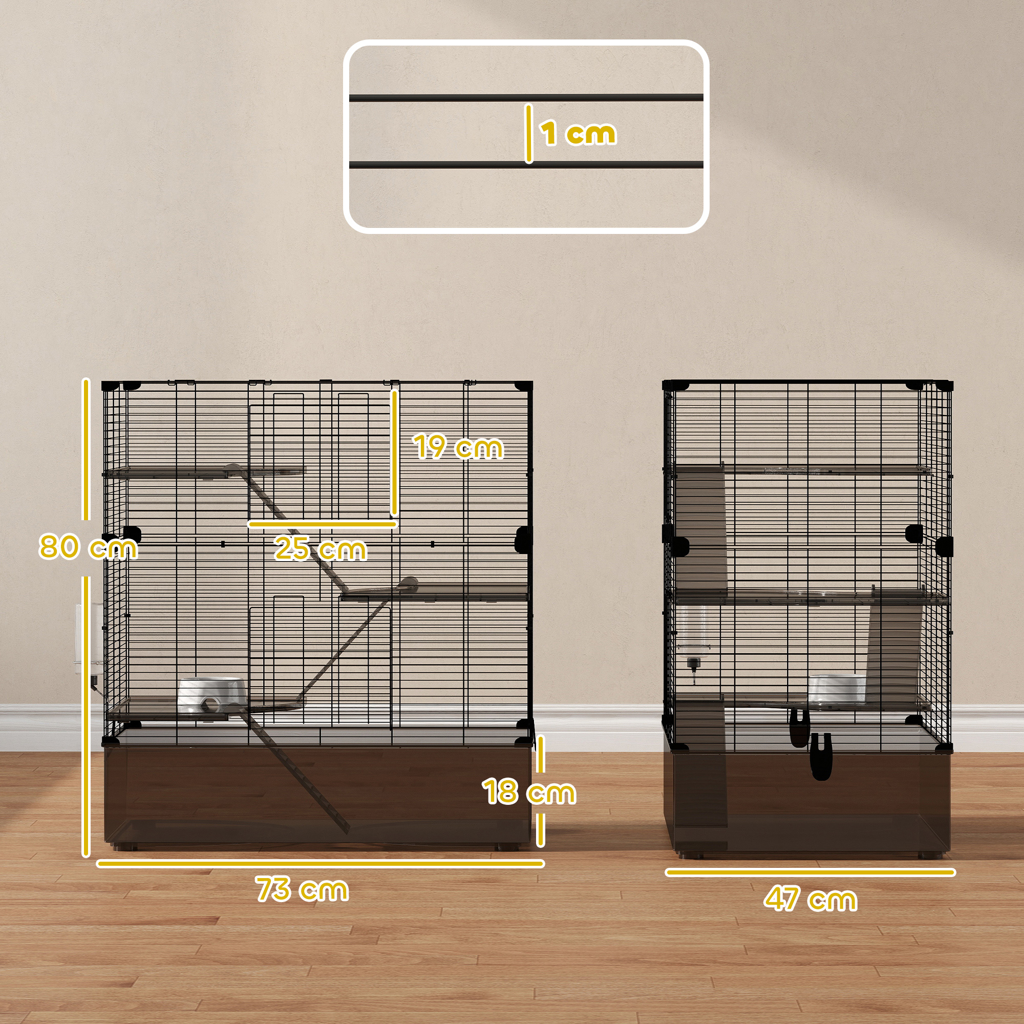 Dos jaulas de hámster, una con accesorios y la otra vacía, con medidas y base de madera.