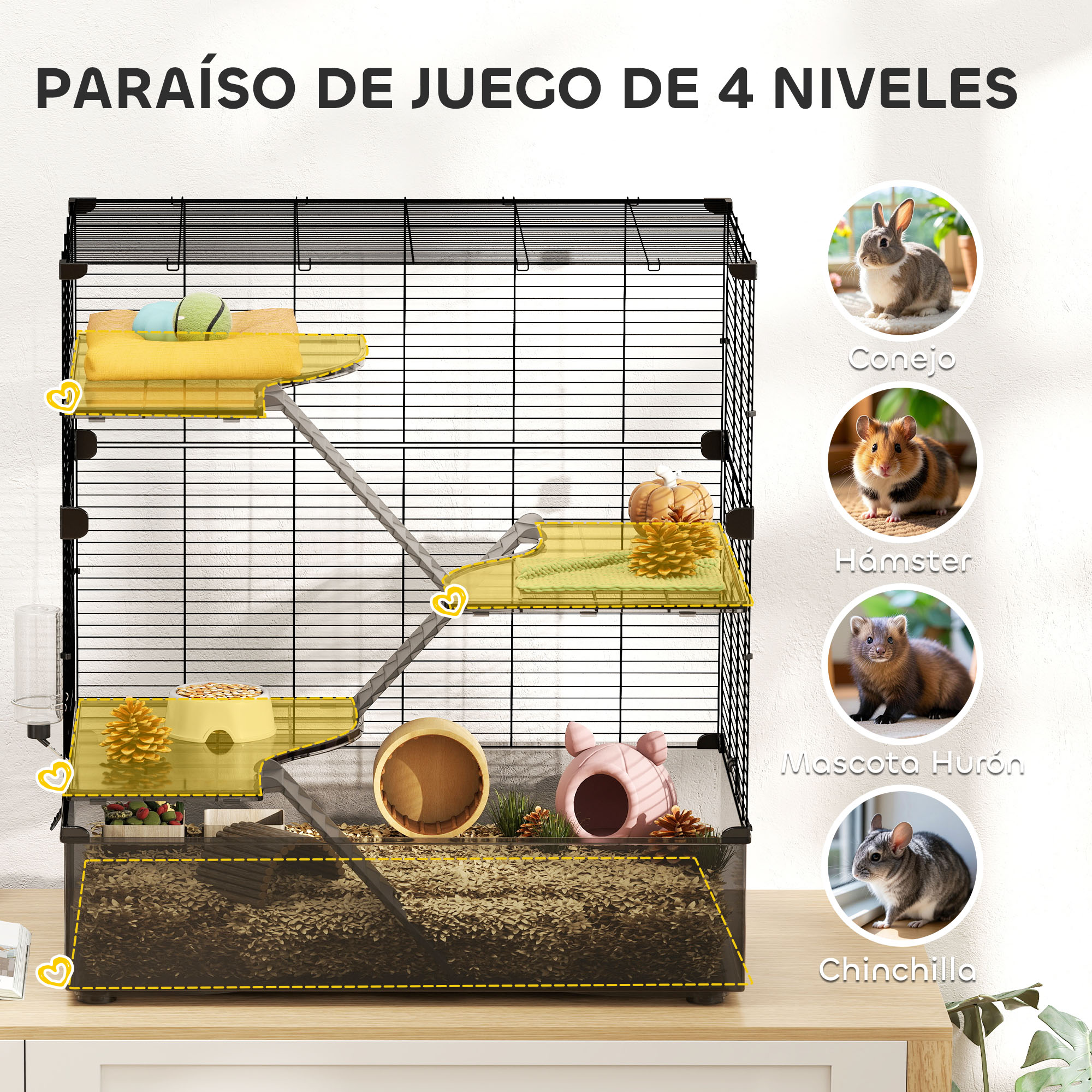Una jaula para mascotas de varios niveles con ilustraciones de conejo, hámster, hurón y chinchilla.