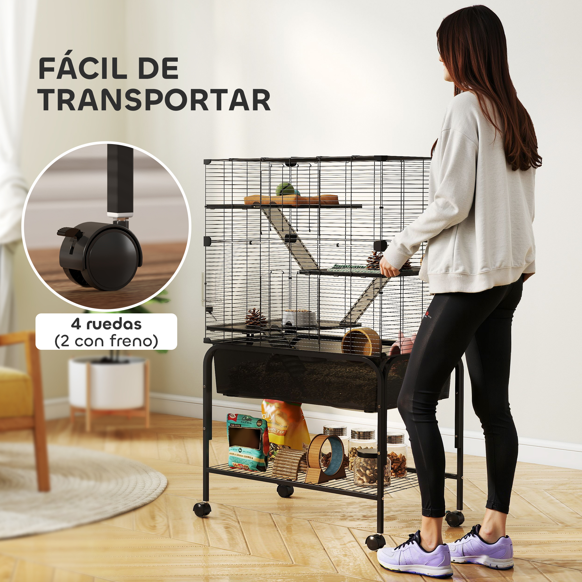 Una mujer de pie junto a una jaula para mascotas, mostrando las ruedas para facilitar el transporte.