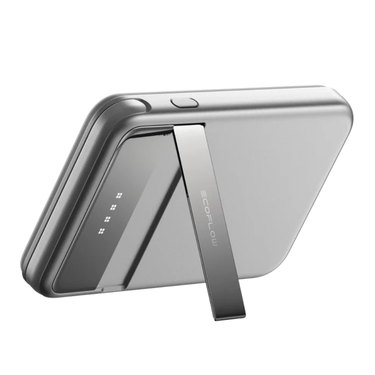 Srebrny power bank z podpórką. Posiada ekran wyświetlający poziom naładowania.