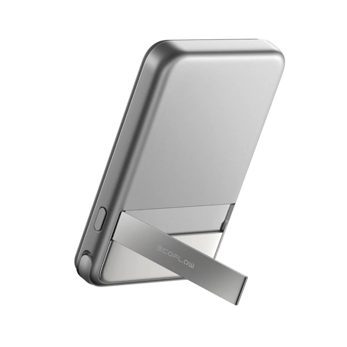 Srebrny power bank z podpórką, widok z boku, z przyciskiem i portem.