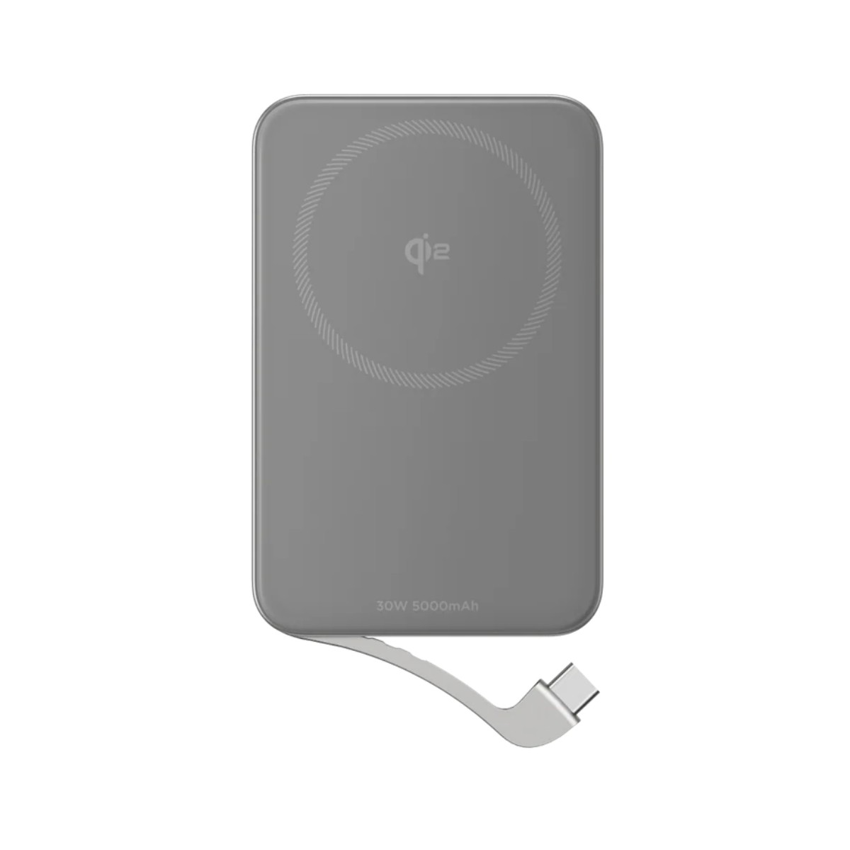 Szara prostokątna ładowarka bezprzewodowa z okrągłym wzorem i kablem USB-C.