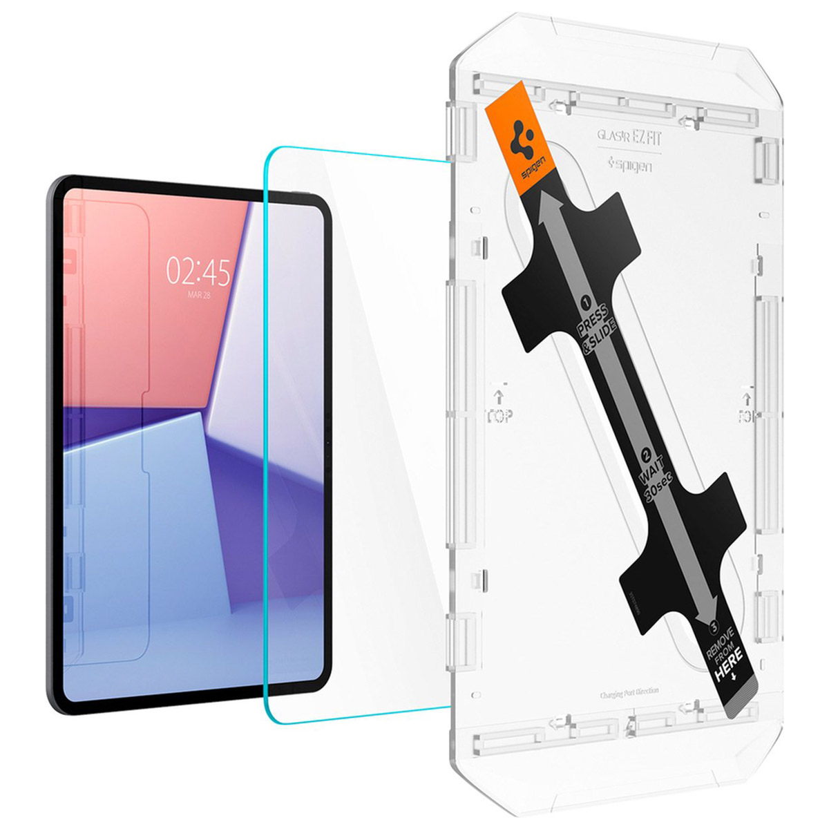 Un kit di protezione dello schermo con telefono, protezione e strumenti di allineamento, su una superficie bianca.