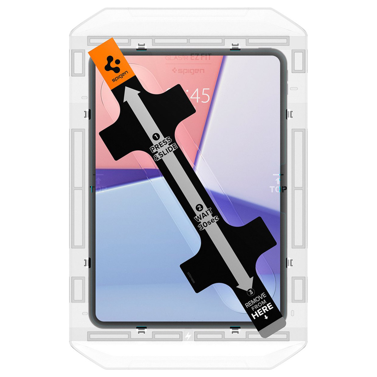 Un kit per l'applicazione di una protezione per lo schermo. Presenta una guida nera con istruzioni per l'applicazione dello schermo del tablet.