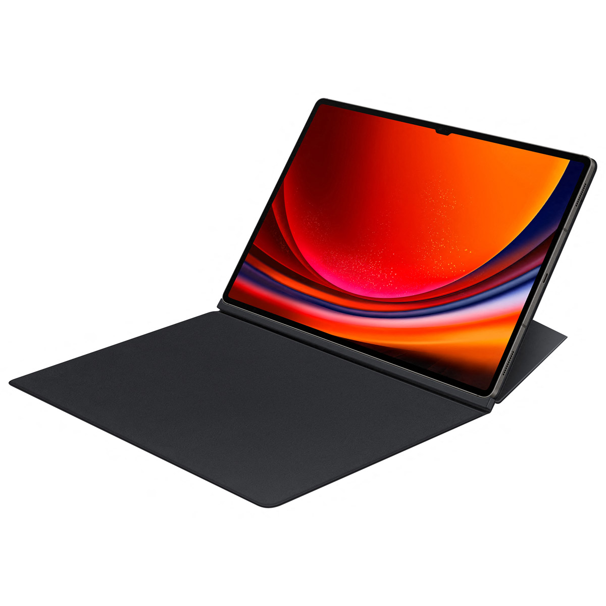 Una tableta con una pantalla vibrante y colorida. Está abierta y apoyada en una cubierta de teclado negra. Fondo blanco.