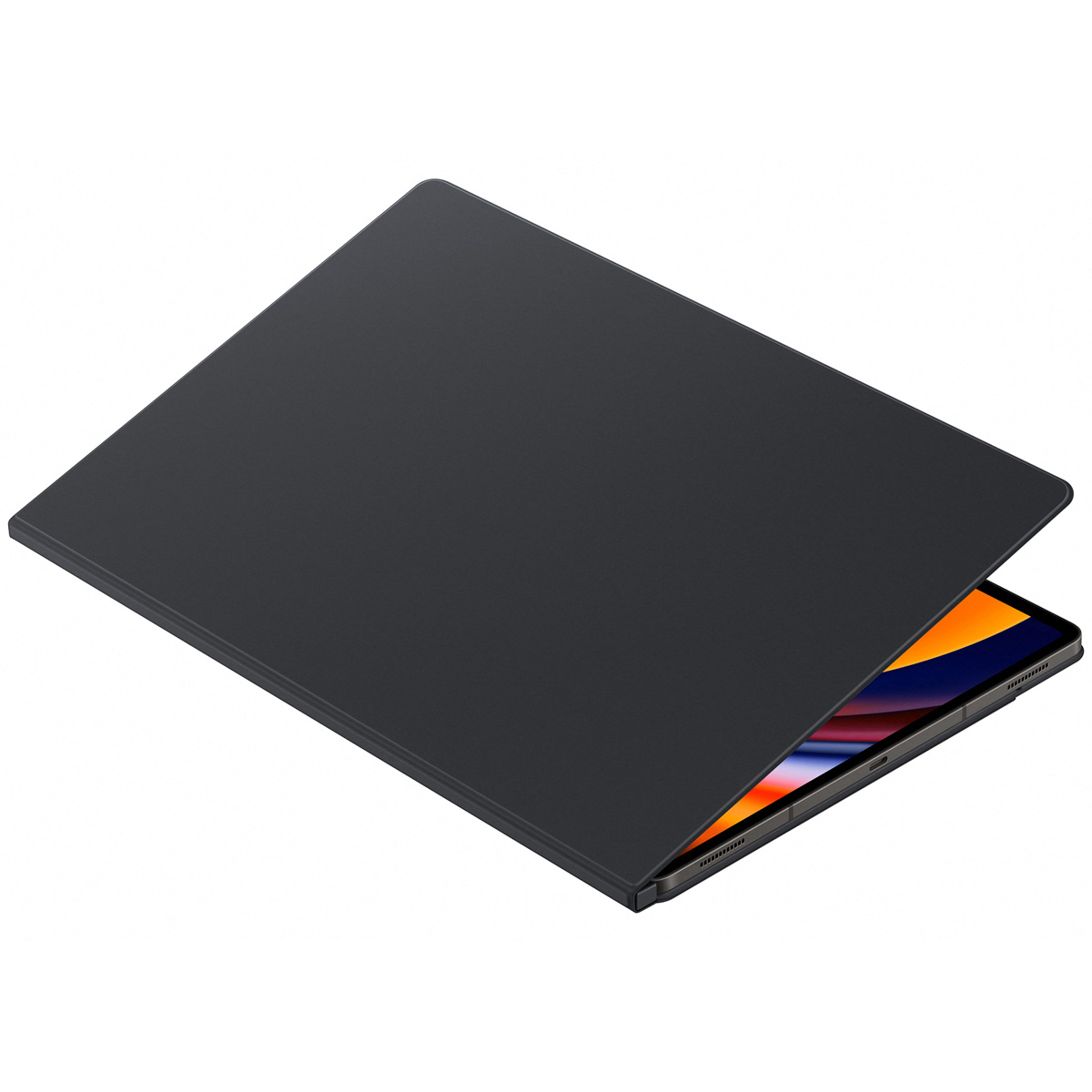 Una funda negra para tableta, parcialmente abierta, que muestra una pantalla de tableta con una pantalla naranja y azul.