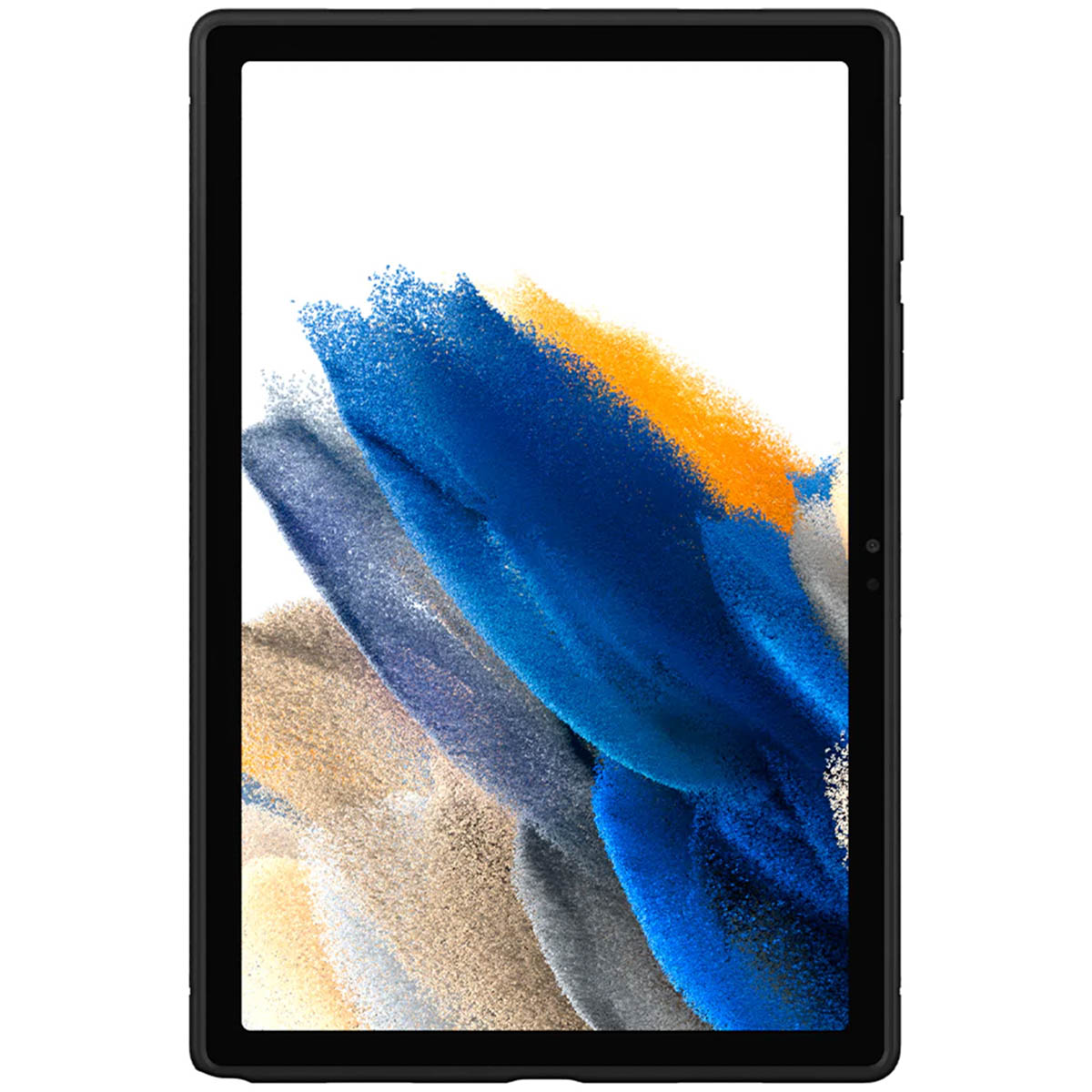 Czarny tablet pokazujący kolorowy, abstrakcyjny obraz na ekranie. Ramka jest czarna, z białym tłem.