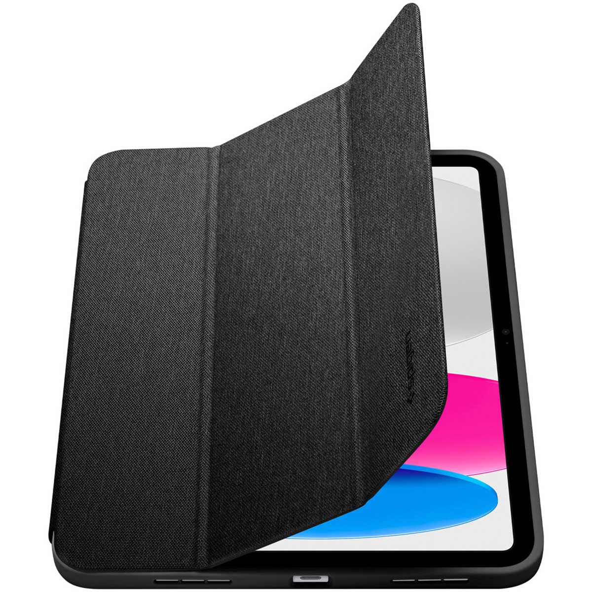 A black tablet case with a screen cover open. The case is on a pink and white screen of a tablet.