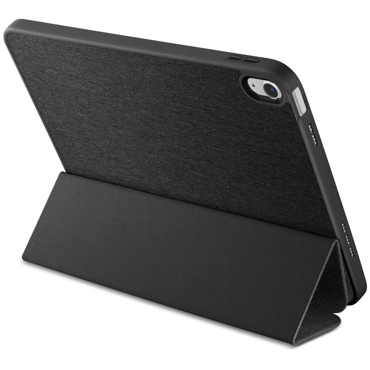 Black tablet case, partially open, displaying a dark gray fabric interior. The case is on a white surface.