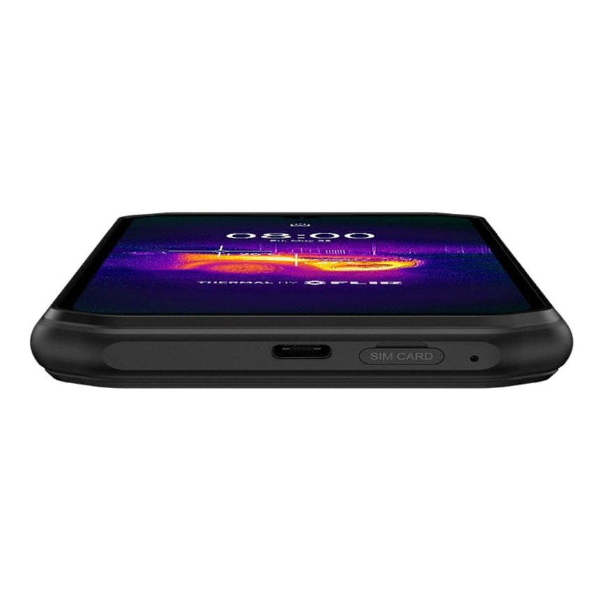 Un dispositivo nero con uno schermo che mostra un'immagine termica. Ha uno slot per schede SIM e una porta USB.