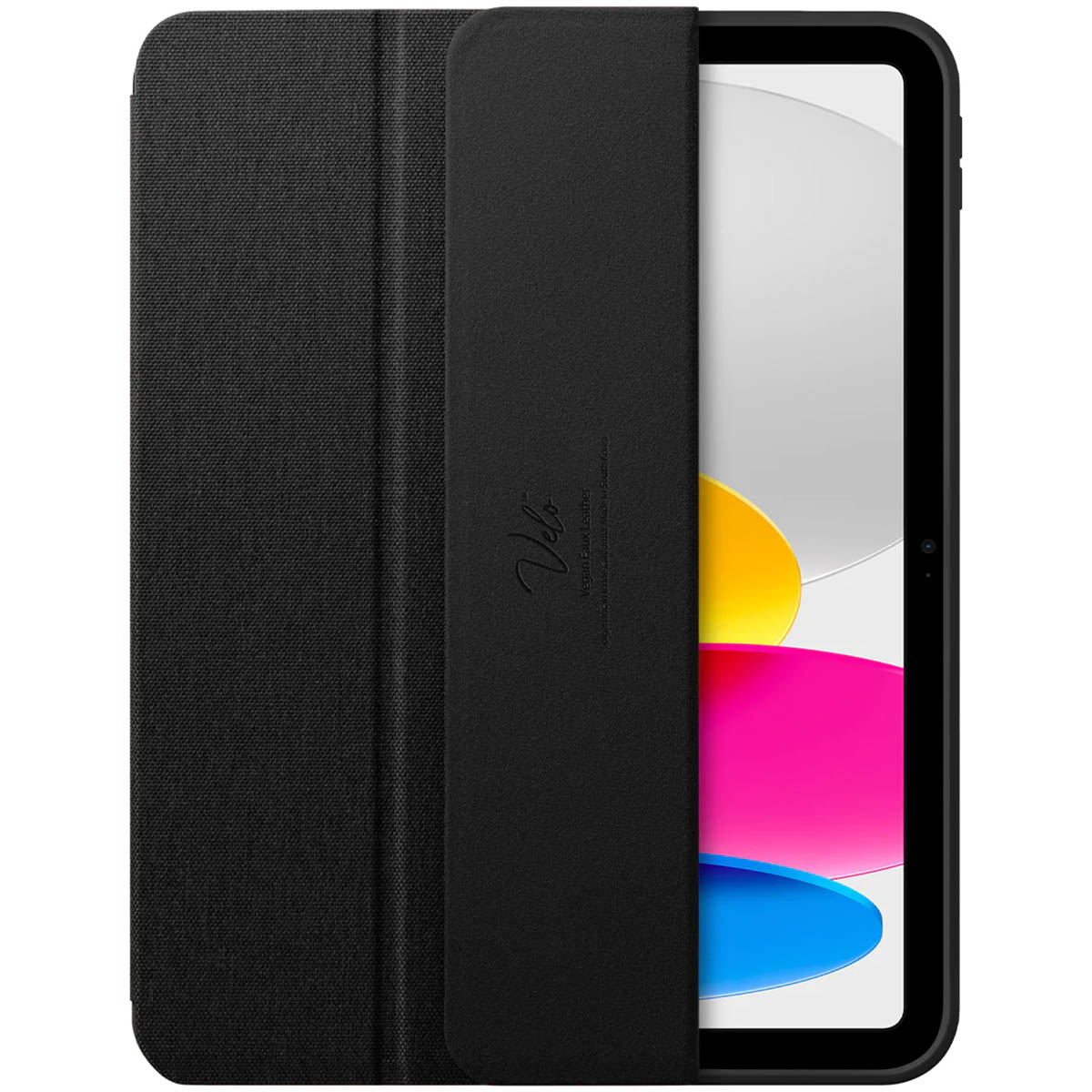 A black tablet case with a screen cover open, revealing a pink and white screen. The case is black.