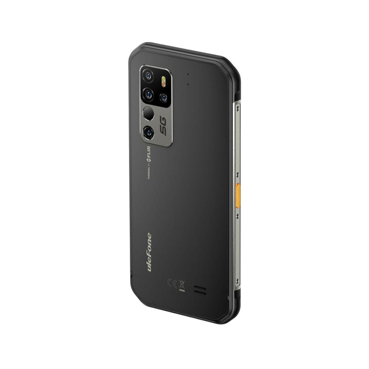 Smartphone robusto nero con fotocamere posteriori, pulsanti e marchio Ulefone visibili su uno sfondo bianco.