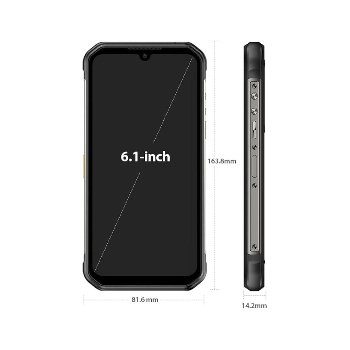 Smartphone che mostra viste frontali e laterali, con dimensioni dello schermo di 6,1 pollici e 81,6 x 163,8 mm.