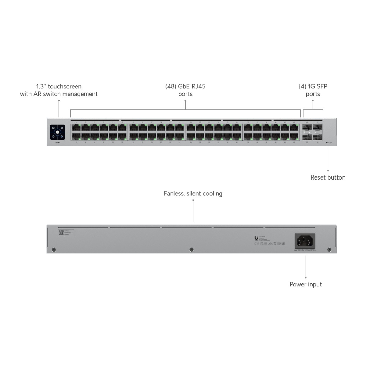 Srebrny przełącznik sieciowy z wieloma portami RJ45, ekranem dotykowym i przyciskiem reset. 'Fanless, silent cooling'.