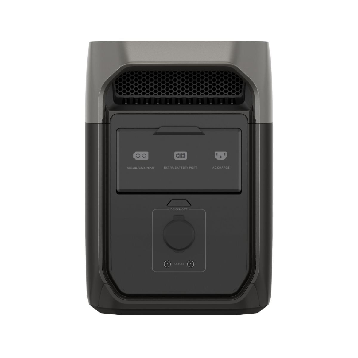 Czarne urządzenie z portami oznaczonymi 'SOLAR/CAR INPUT', 'EXTRA BATTERY PORT' i 'AC CHARGE'.