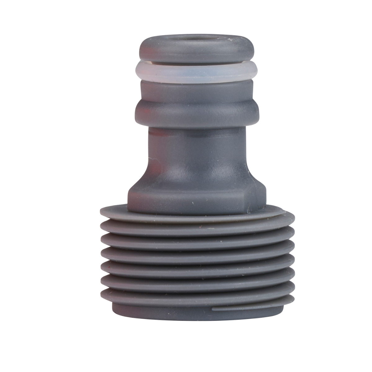 A gray plastic hose connector with ribbed details.