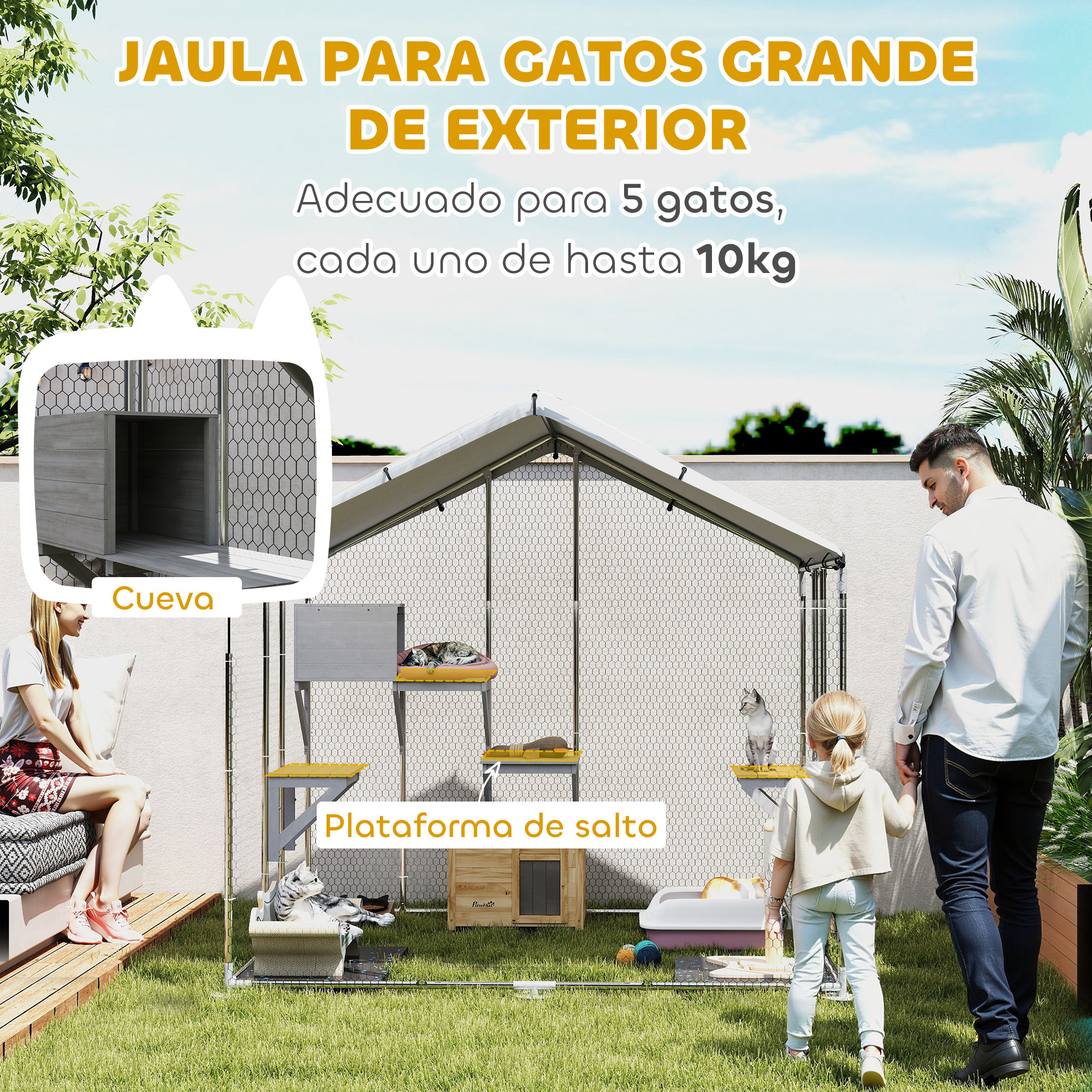 Jaula para gatos con plataformas, gato en cueva y gente mirándola. Texto en español.