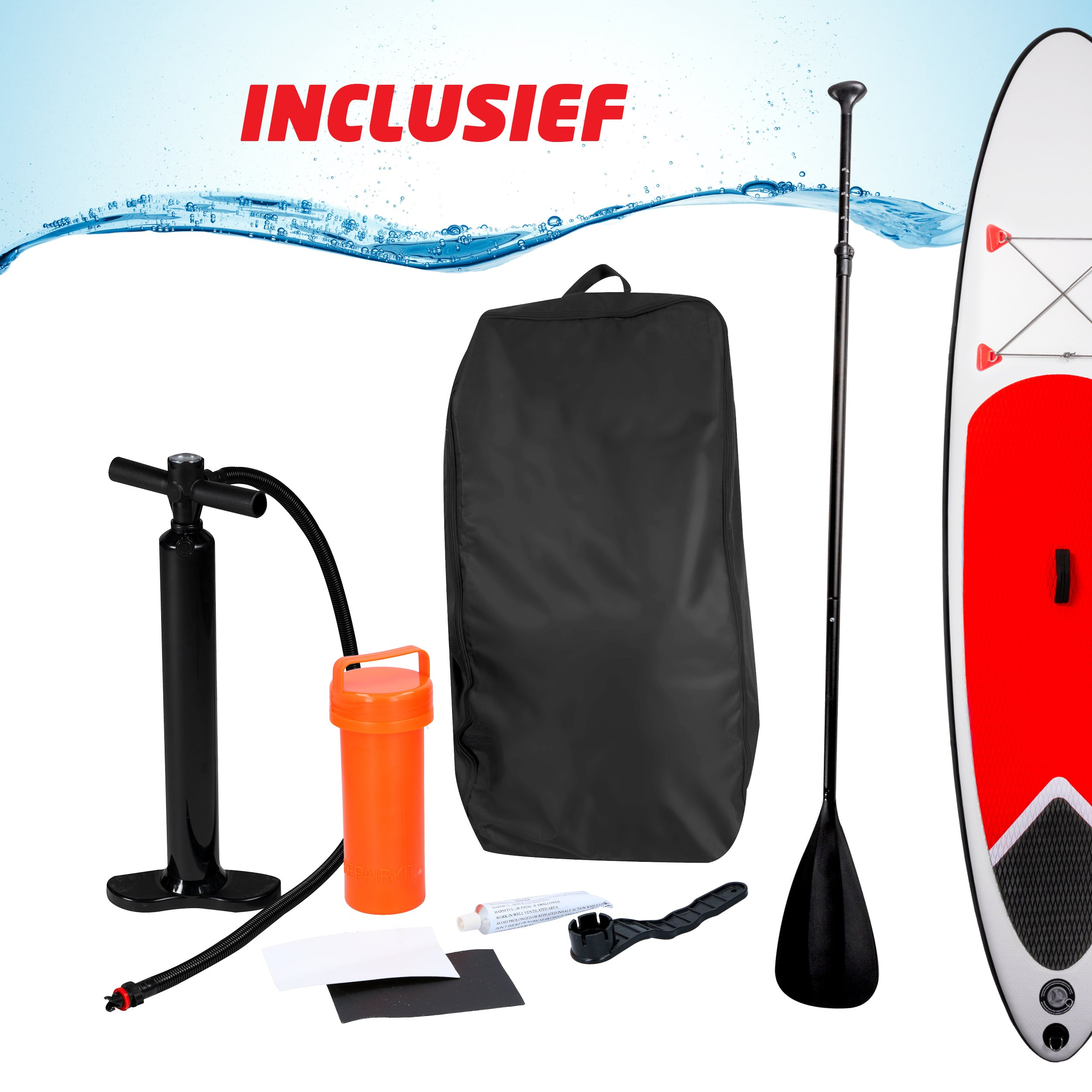 Paddle board accessories: pump, bag, paddle, and repair kit. Water background, white backdrop.