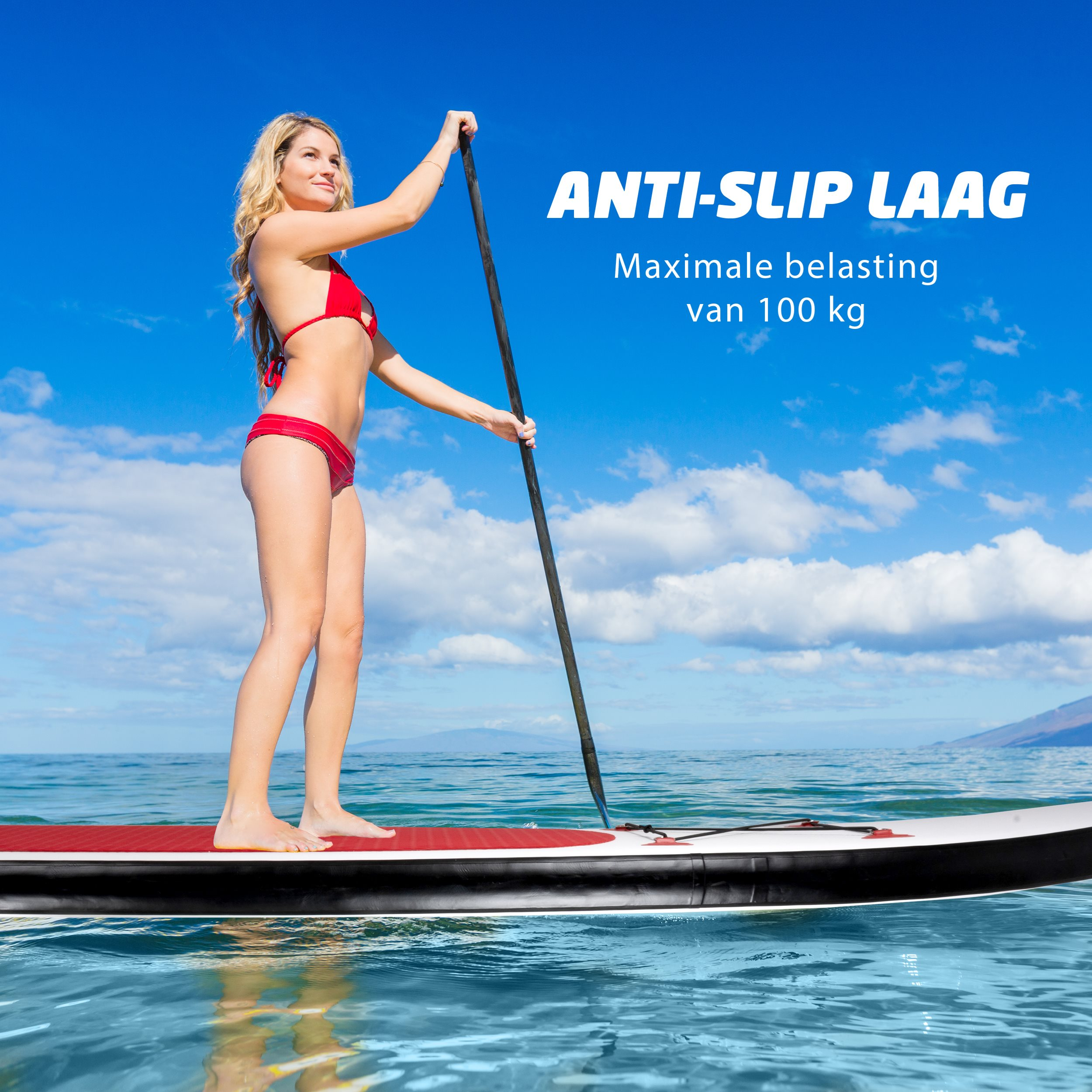 Woman paddle boarding on water. Blue sky background, text overlay: ANTI-SLIP LAYER.