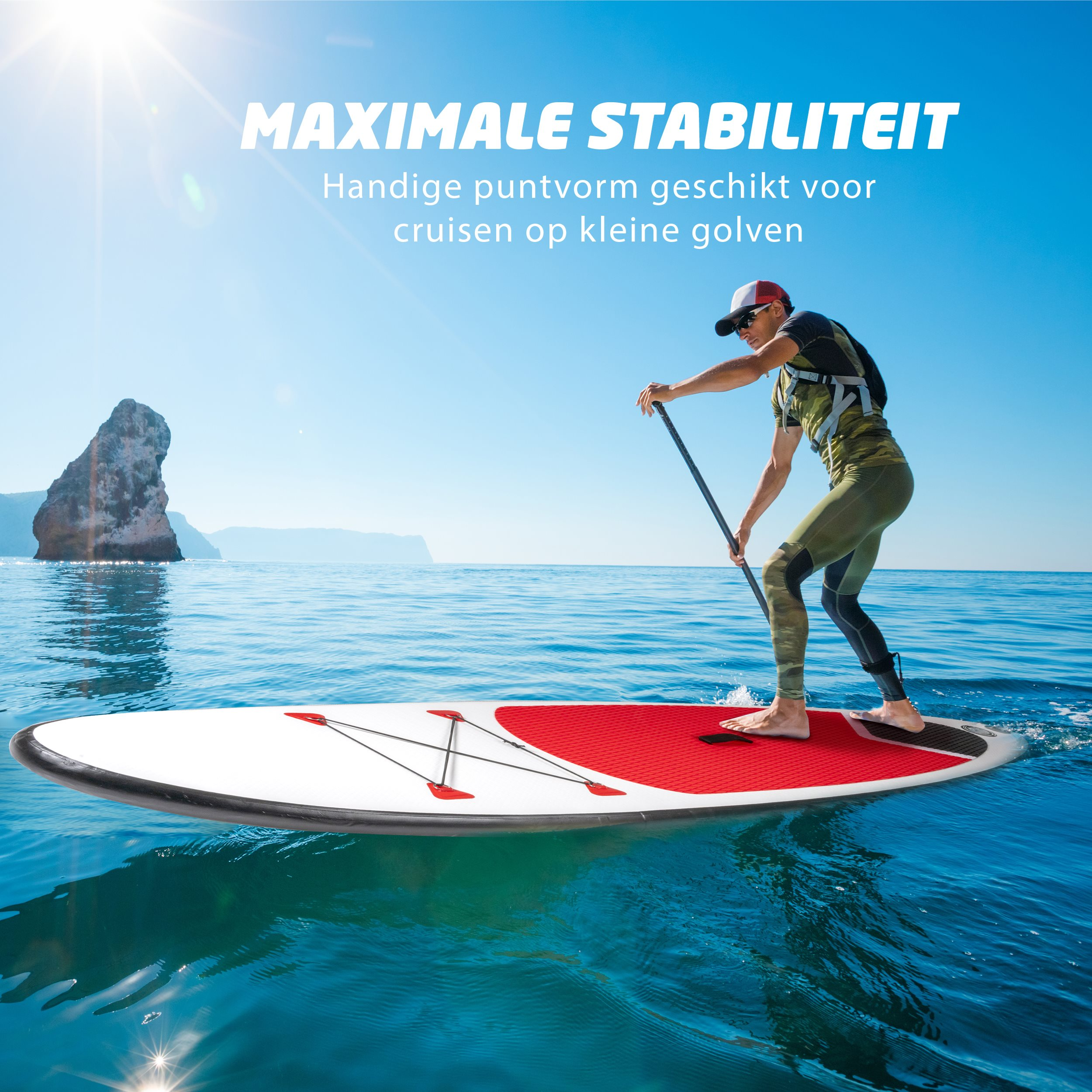 Man paddle boarding on blue water. Mountain and sun in background, text overlay: MAX STABILITY.