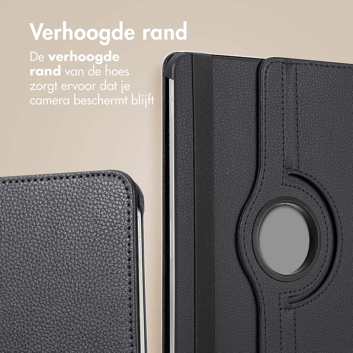 Close-up of a black tablet case highlighting the raised edge design for camera protection.