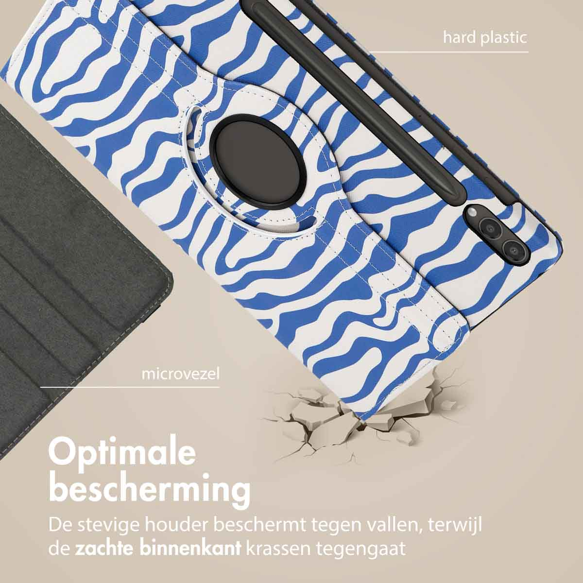 Tablet case with blue and white wave pattern. It has a rotating holder and a hard plastic and microvezel.