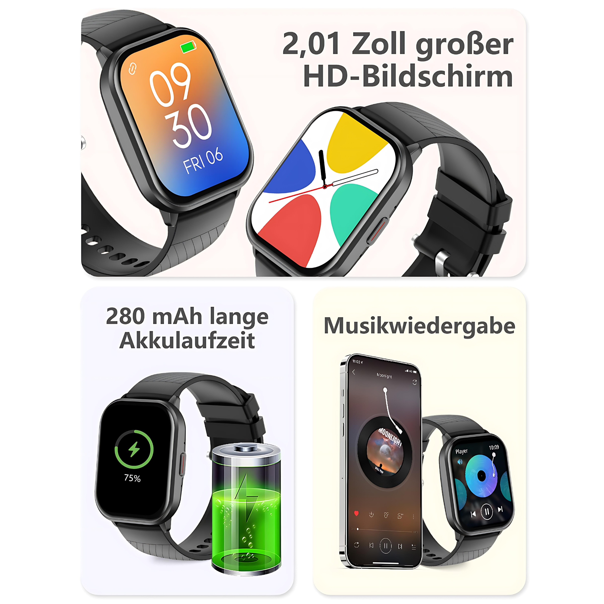 Smartwatch z wieloma ekranami pokazującymi różne funkcje, w tym czas, baterię i odtwarzanie muzyki.
