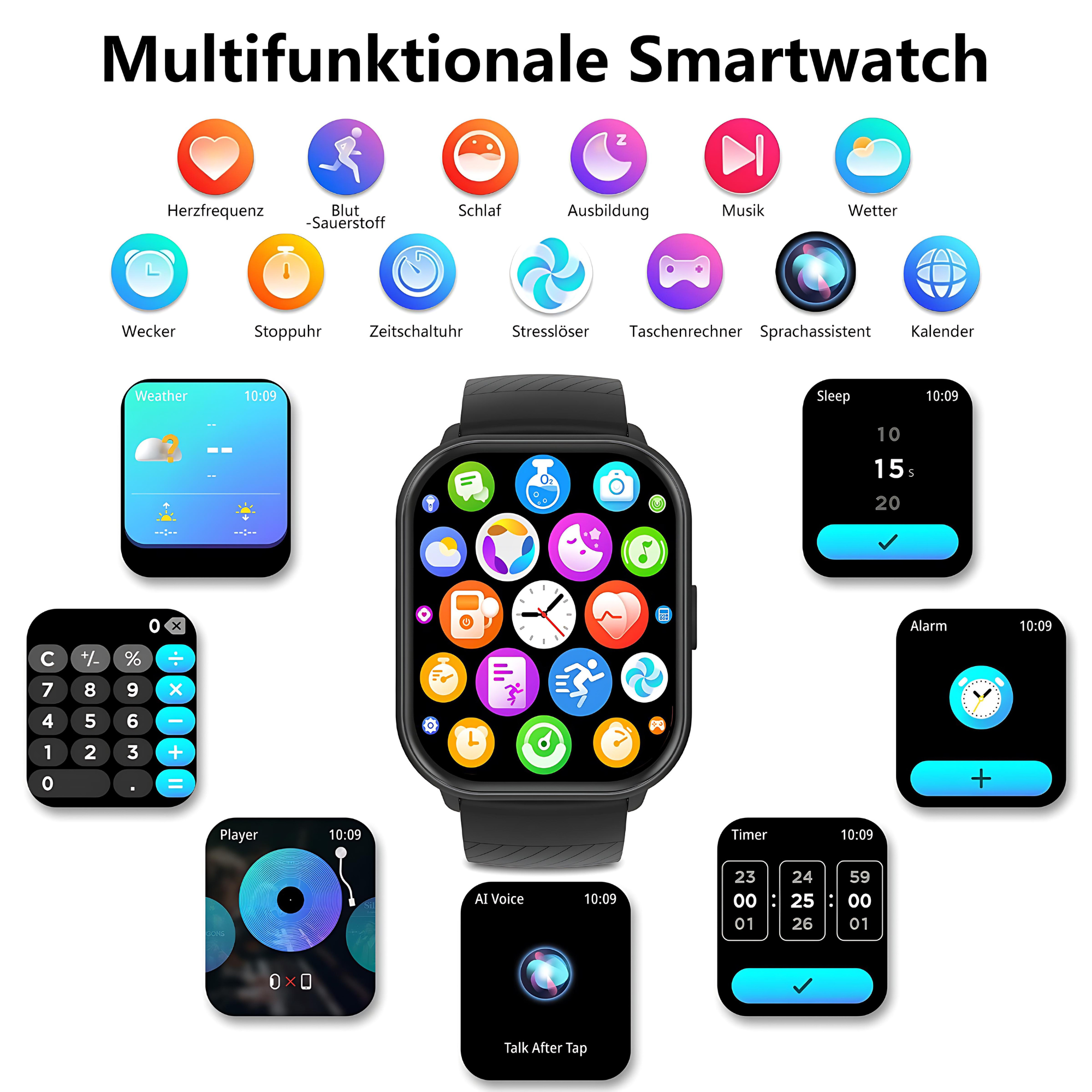 Smartwatch nero con icone di app sullo schermo. Mostra ora, meteo e altre funzioni.