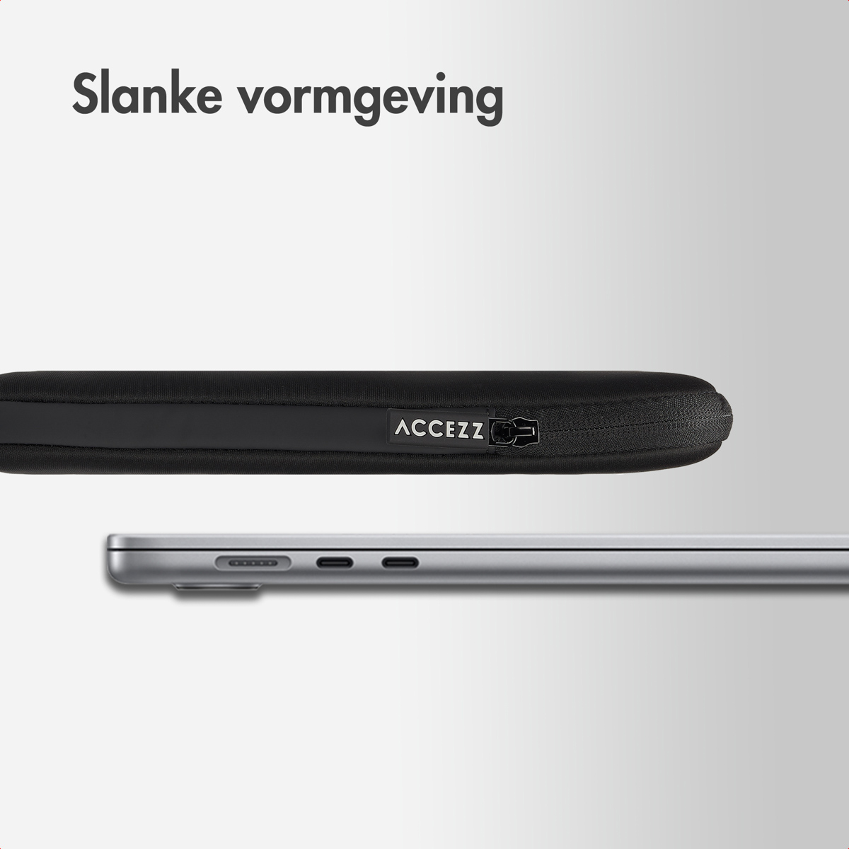 Slim black laptop sleeve with a logo on top, next to a silver laptop showing its ports.