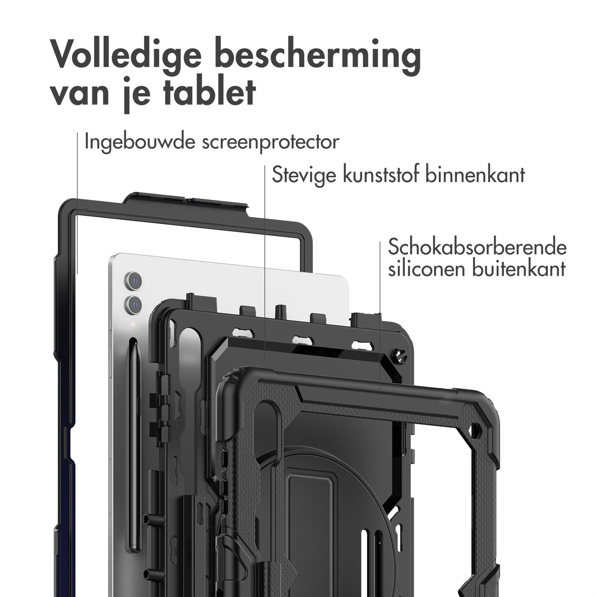 Exploded view of a tablet case, showcasing its layered construction for full protection.