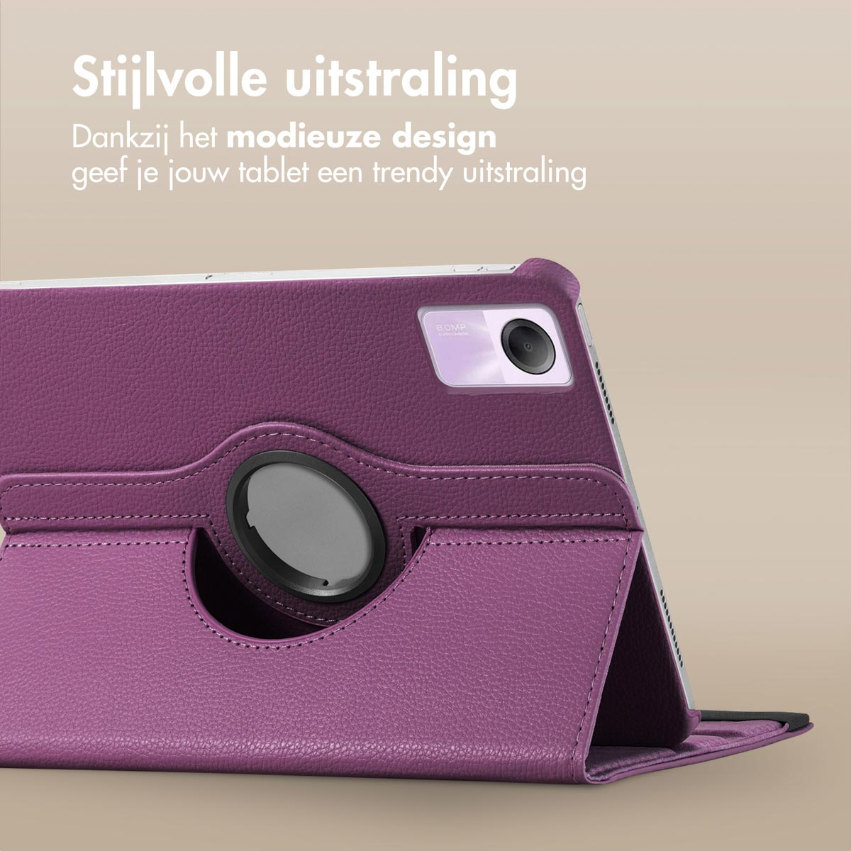 Purple tablet case with a rotating holder. The tablet is in an open position, showing its screen.