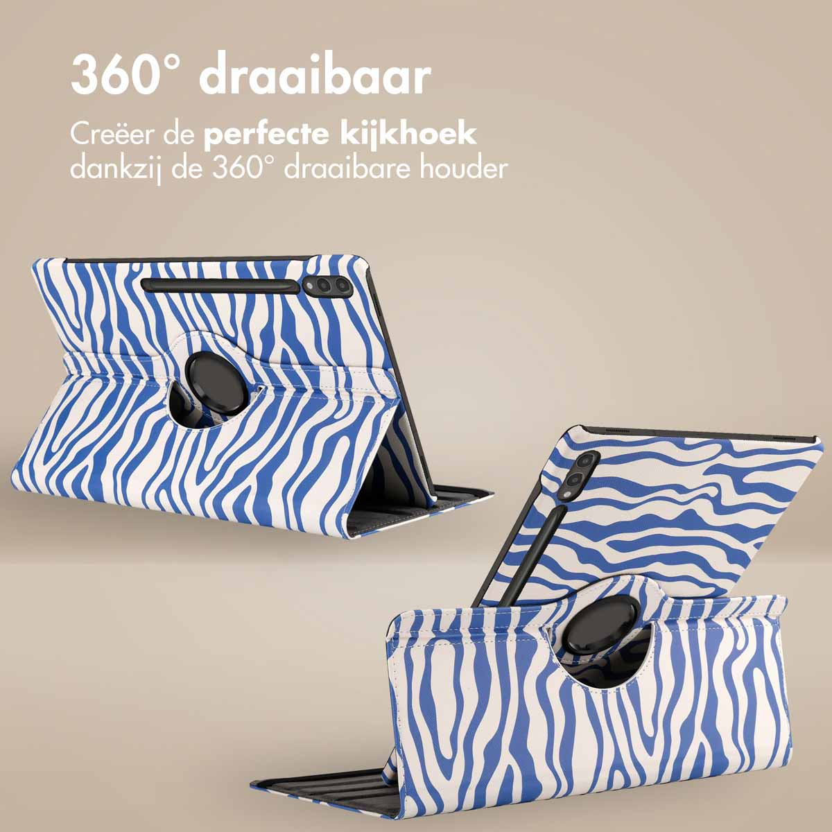 Tablethoes met een blauw-witte zebraprint. Tablets in verschillende posities.