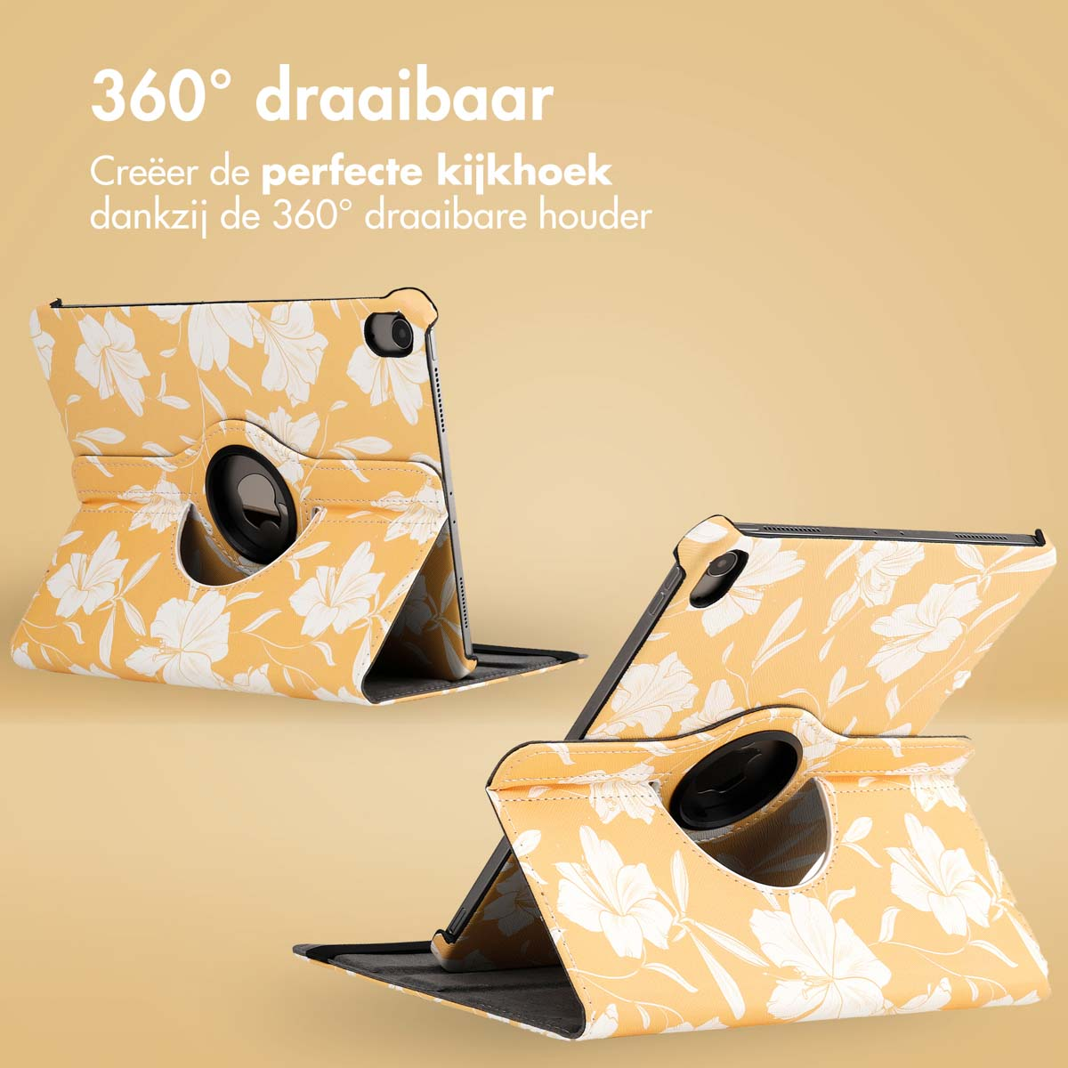 Étui de tablette à imprimé floral jaune dans trois positions différentes.