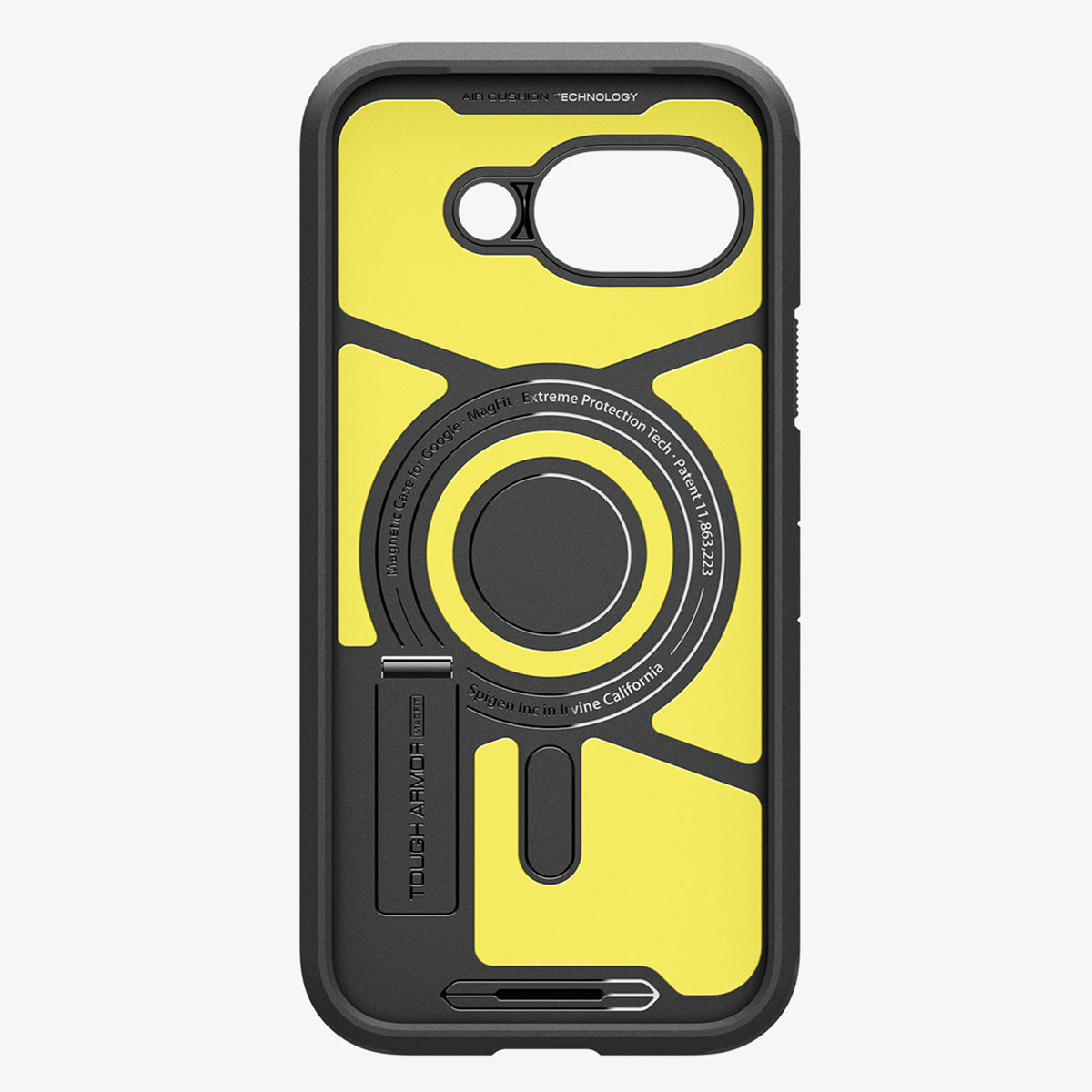 Custodia per telefono gialla e nera con supporto e cerchio magnetico.