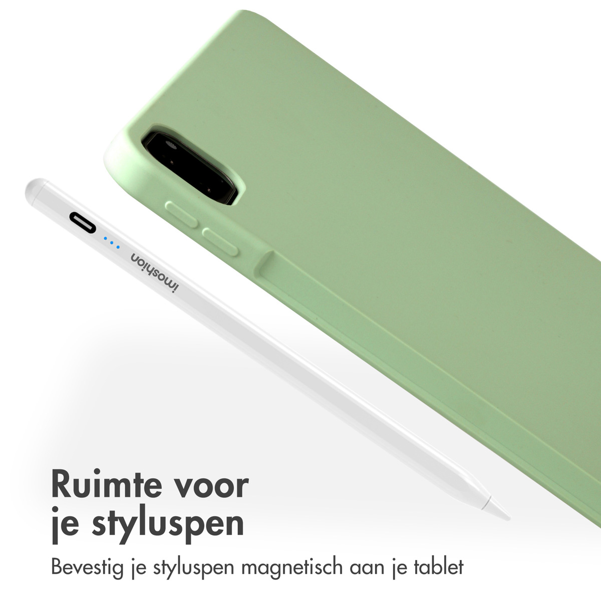 Green tablet case with a white stylus and a tablet placed next to it.
