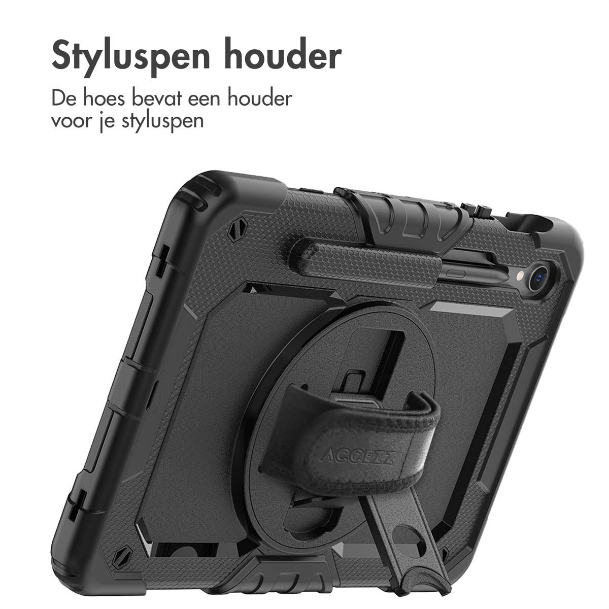 Black tablet case with a strap and a stylus holder, angled view.