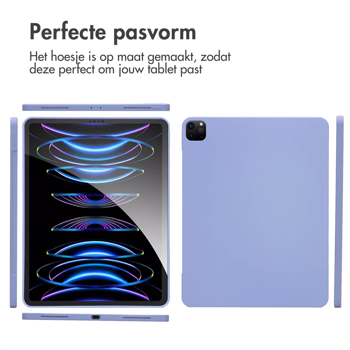 Tablet case in a lilac color, front, back, and side views displayed.