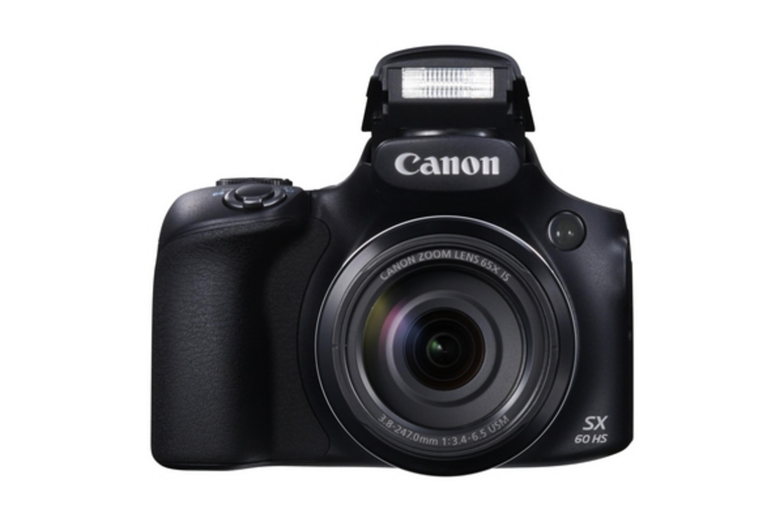 Schwarze Canon Kamera mit Objektiv und Blitz. Die Kamera hat das Canon Logo darauf.