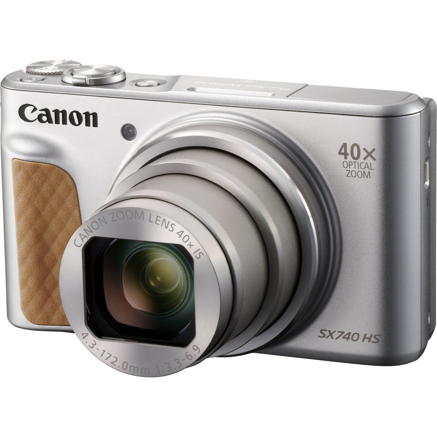 Fotocamera Canon argentata con impugnatura marrone e obiettivo nero. Ha uno zoom ottico 40x, con il logo Canon in alto.