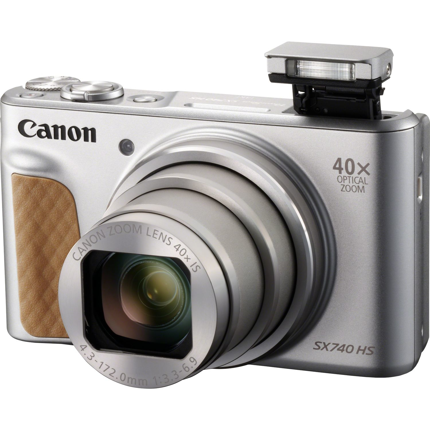 Fotocamera Canon argentata con flash e zoom ottico 40x. Impugnatura marrone e dettagli dell'obiettivo visibili.