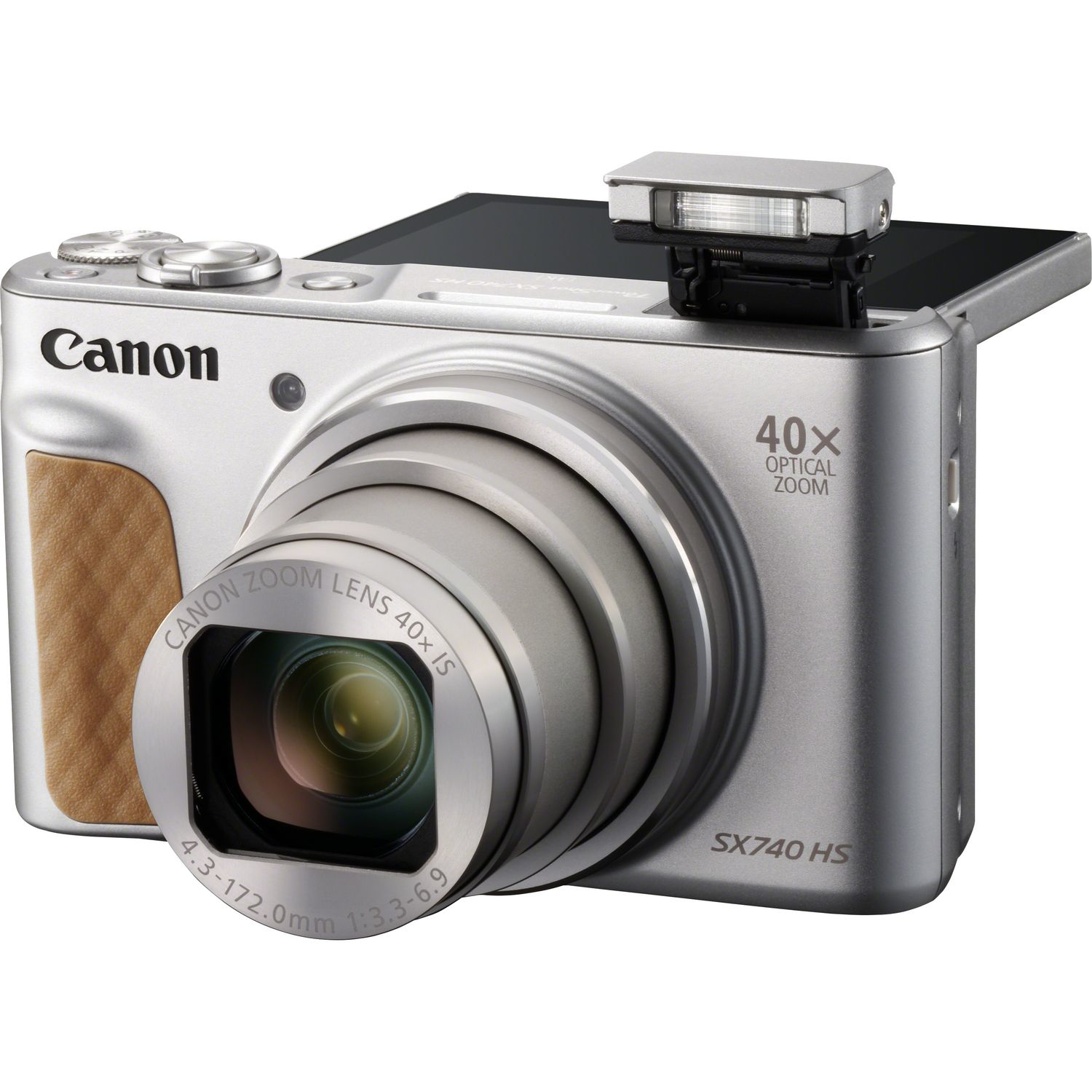 Fotocamera Canon argentata con schermo ribaltabile, flash e zoom 40x. Impugnatura marrone visibile.