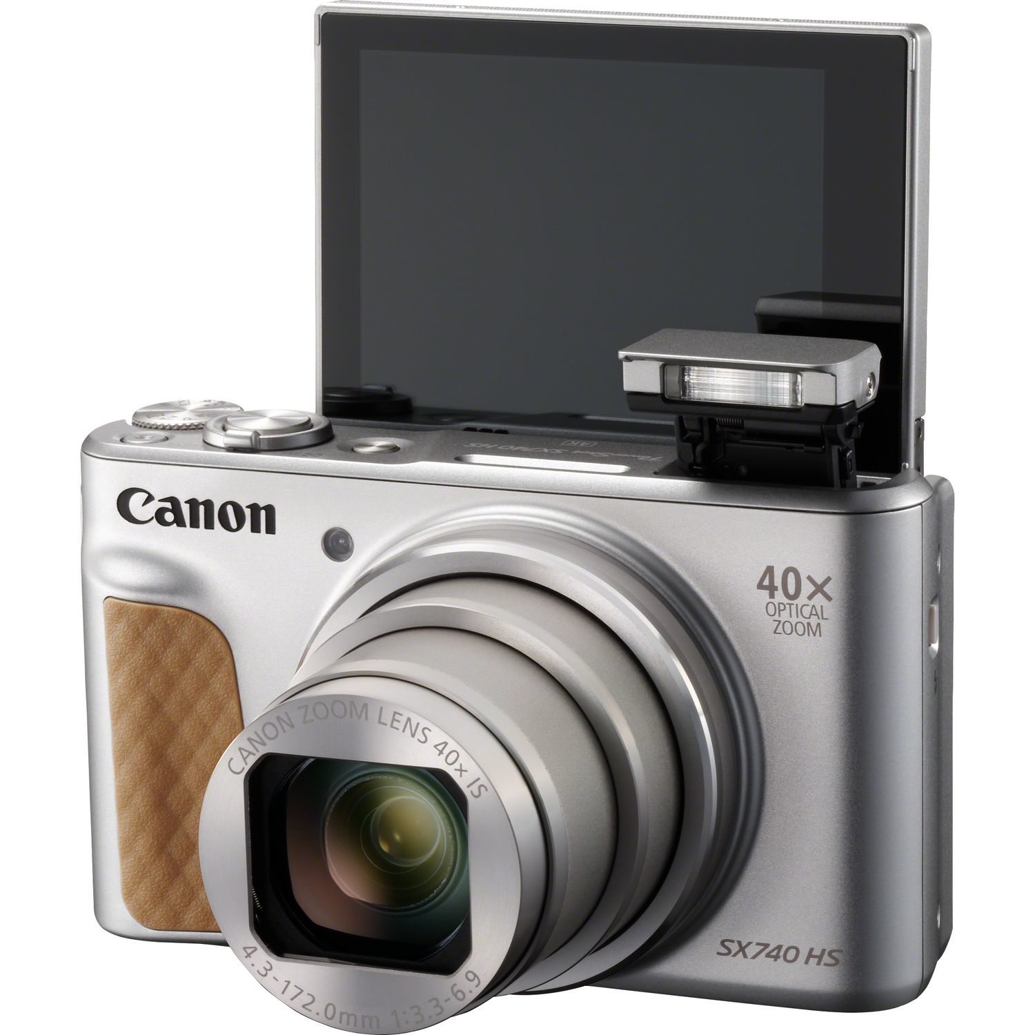 Fotocamera Canon argentata con schermo ribaltabile, flash e zoom 40x. Schermo aperto.