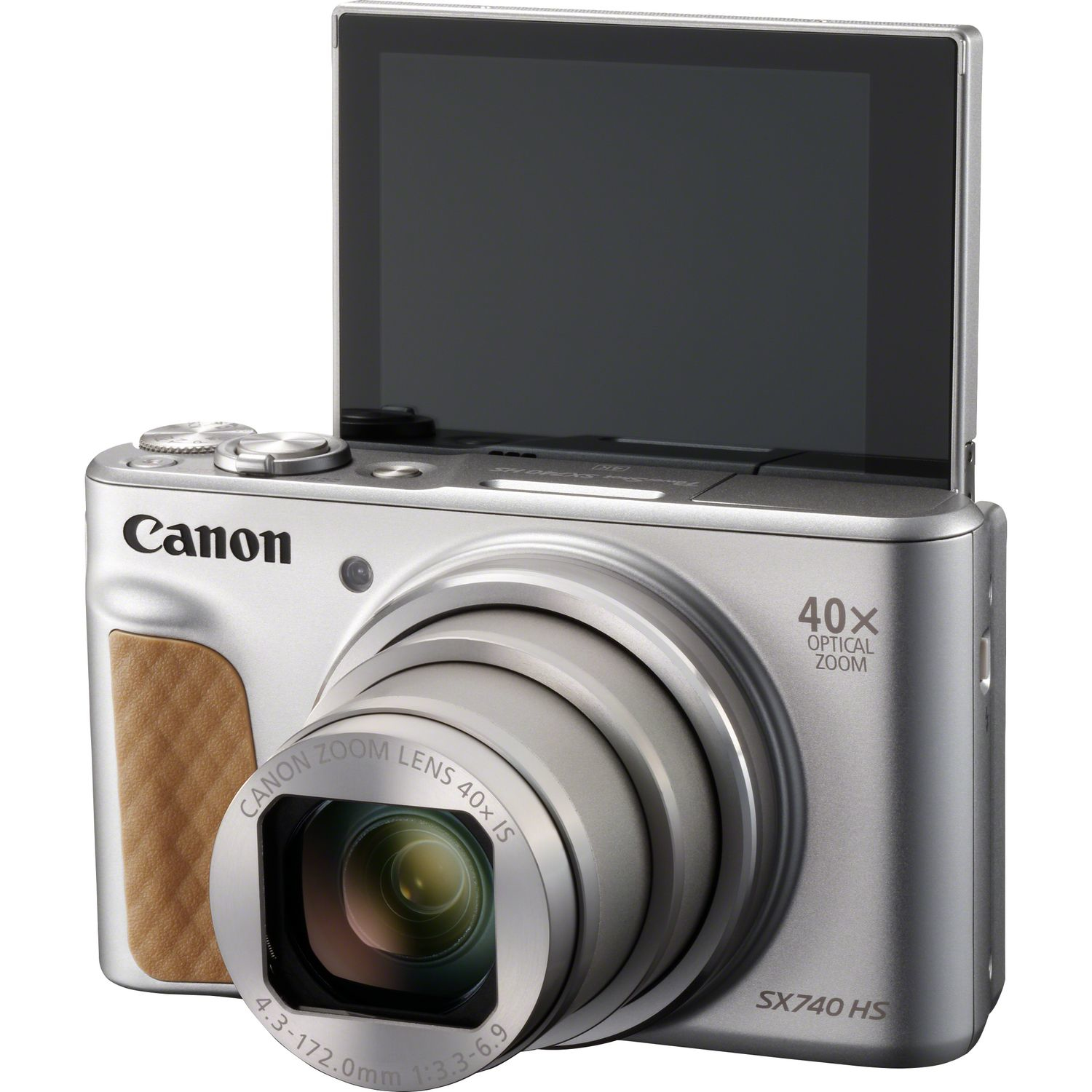 Fotocamera Canon argentata con impugnatura marrone e obiettivo. Lo schermo è aperto. Ha zoom ottico 40x.
