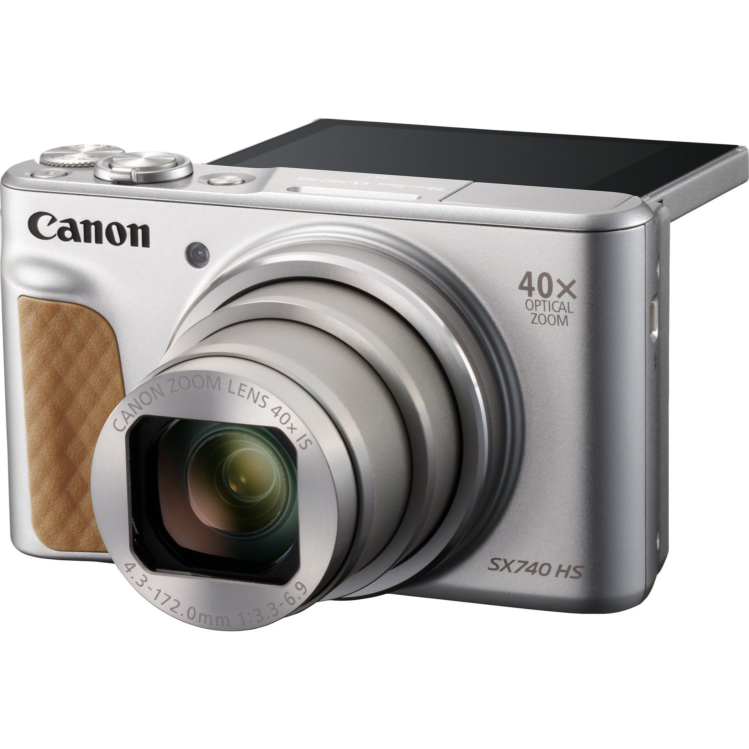 Fotocamera Canon argentata con schermo ribaltabile, flash e zoom 40x. La fotocamera è angolata.