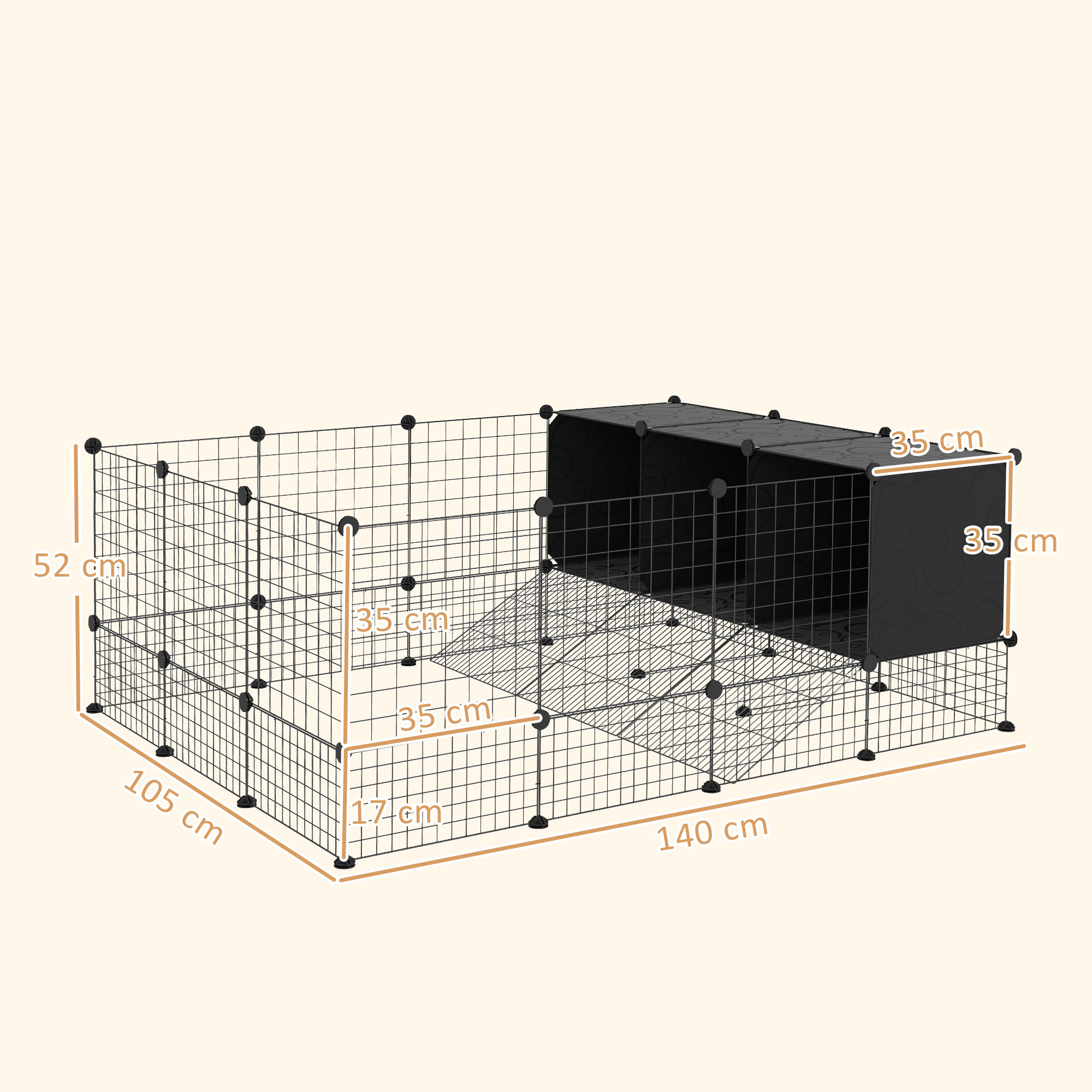 Un diagrama muestra las dimensiones de un hábitat para mascotas: 140 cm de largo, 105 cm de ancho y 52 cm de alto. Las cajas negras miden 35 cm cada una.