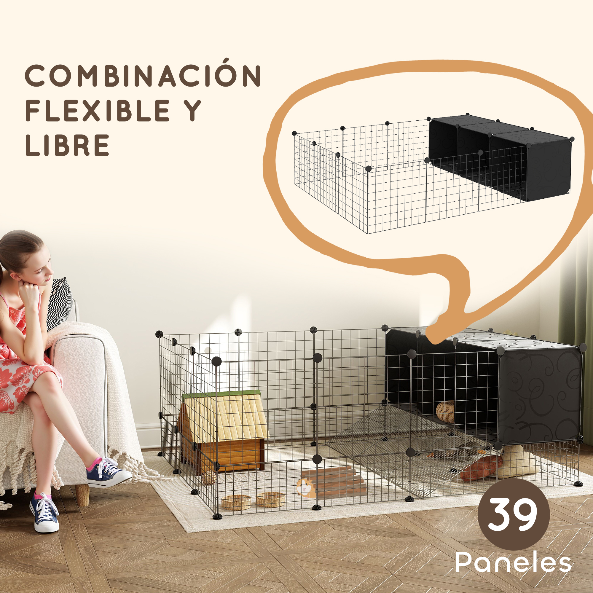 Una niña observa un hábitat para mascotas. Tiene un marco de malla de alambre con cajas negras. El texto dice: Combinación flexible y libre.